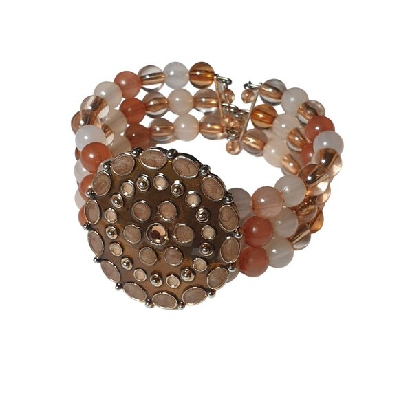 Women Cuff Bracelet Beaded Memory Wire Enameled Rhinestone Coral Peach Adjust - Picture 3 of 5